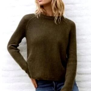 Jenni Kayne Iconic 100% CASHMERE Fisherman Sweater $425 Crewneck Olive Green XXL